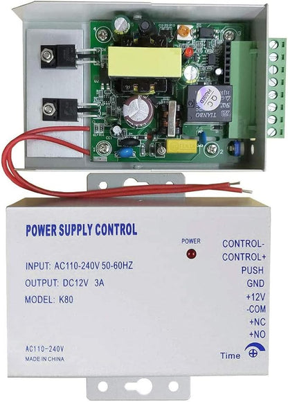 Access Control Power Supply for Door Intercom Doorbell, Various Electronic Door Locks, Video Doorbell System, K80 Power Supply Control Input AC 110-240V to Output DC 12V/3A, Worldwide Voltage