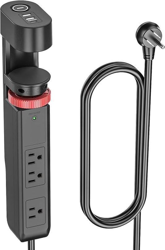 Desk Clamp Power Strip with 20W USB PD Fast Charging, 1020J Surge Protector Under Desk Power Strip, 6 Outlets & 3 USB Ports, No-Drill Mount Hub with 45° Flat Plug, 6FT Cord, ETL Listed