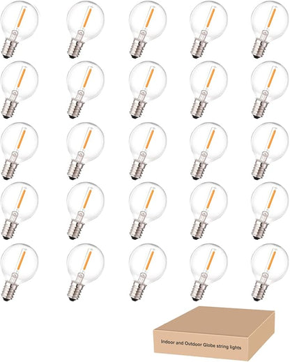 G40 LED Replacement Bulbs for Outdoor String Lights, 0.6W Dimmable Shatterproof Globe Bulbs, E12 Candelabra Base, Warm White, 25-Pack