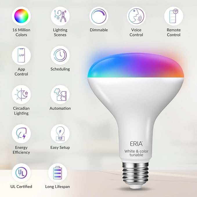 ERIA Smart Light Bulbs, BR30 ZigBee,Colors and White 800LM 65W Equivalent Dimmable CRI 90+ Smart Bulb Works, Hue*, HA, Smart Things, Alexa, Google Assistant (2-Pack)