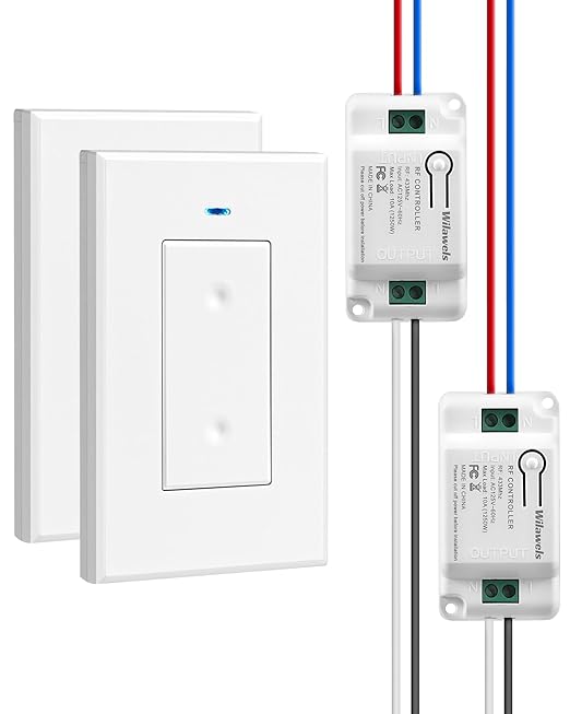 2 Pack Wireless Light Switch and Receiver Kit, WILAWELS Wireless On Off Switches for Ceiling Light, Lamp, Moveable Remote Wall Switch, 100FT Range, No in-Wall Wiring Required, Expandable W06RC11P206