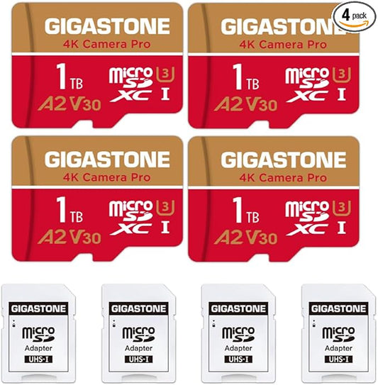 【5-Years Data Recovery】 GIGASTONE 1TB Micro SD Card 4-Pack, 4K Camera Pro, R/W up to 150/130 MB/s, 4K Video Recording for GoPro, DJI, Drone, MicroSDXC Memory Card UHS-I U3 A2 V30, with Adapter