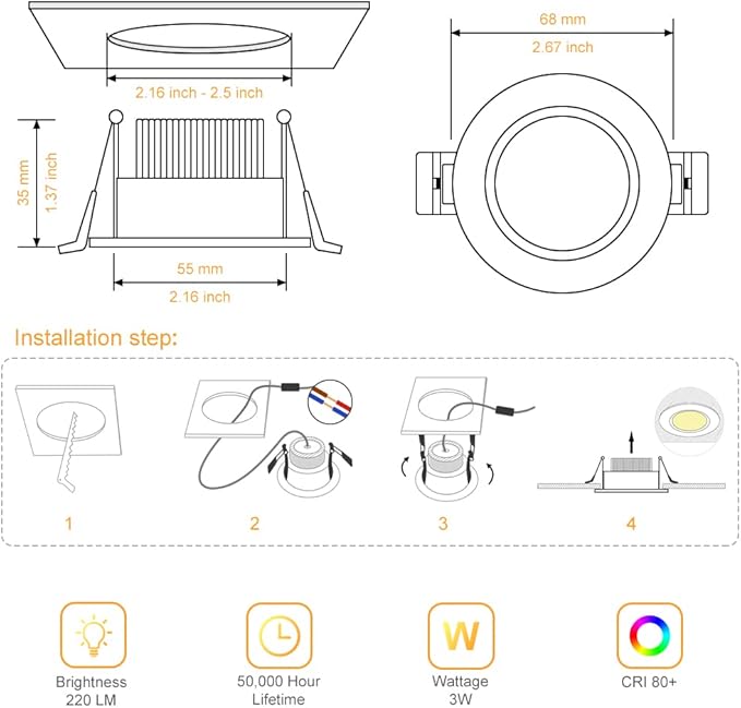 2 Inch LED Downlight, 3W Recessed Lighting Dimmable Ceiling Light Kit, 2700K Ultra Warm White, CRI80 Black Can Lights with LED Driver(35W Halogen Equivalent), 6 Pack