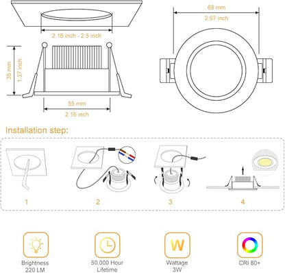 2 Inch LED Downlight, 3W 3000K Warm White Recessed Lighting Dimmable Ceiling Light Kit, CRI80 Ceiling Light Fixture with LED Driver(35W Halogen Equivalent), 6 Pack