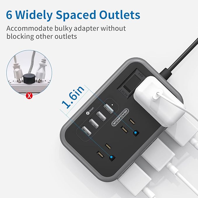 Flat Plug Extension Cord 10 Ft, NTONPOWER 6 Widely Spaced Outlet(2 Side) Power Strip with 4 USB Ports, Overload Protection, Wall Mount Charging Station for Home Office, Nightstand and dorm room, Black