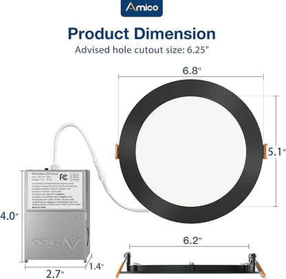 Amico 36 Pack 6 Inch 5CCT Ultra-Thin LED Recessed Ceiling Light with J-Box, 2700K/3000K/3500K/4000K/5000K Selectable, 12W Eqv 110W, Dimmable Canless Downlight, 1050LM High Brightness, Black