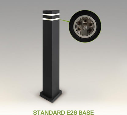 ASD 24" Square Bollard Light Fixture, Outdoor Pathway Floor Lamp | Antiglare, Waterproof, ETL Listed | 60W E26 Bulb Socket 120V | Landscape Hardwired Lighting, Exterior Post Lantern | Black, 4 Pack