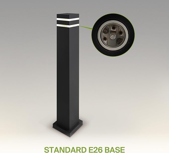 ASD 24" Square Bollard Light Fixture, Outdoor Pathway Floor Lamp | Antiglare, Waterproof, ETL Listed | 60W E26 Bulb Socket 120V | Landscape Hardwired Lighting, Exterior Post Lantern | Black