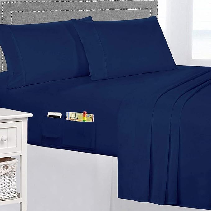 Swift Home Smart Sheets, Ultra Soft Brushed Microfiber 4-Piece Sheet Set, Fitted Bed Sheet with Side Storage Pockets – Navy, King