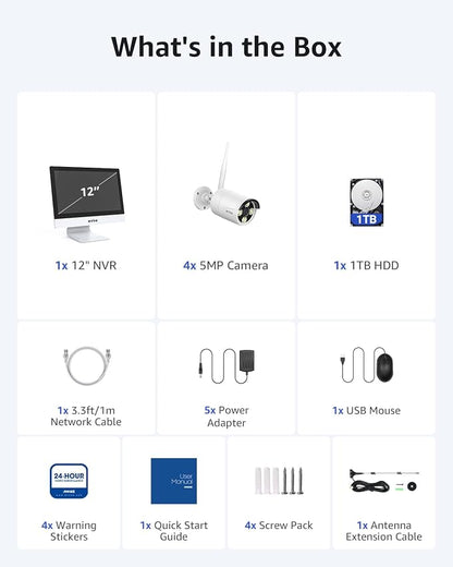 ANNKE 5MP Wireless Security Camera System, 12" Monitor, 4 Cameras, 1TB HDD | 10CH Expandable WiFi NVR, Dual-Band WiFi, Human Detection, Two-Way Audio, Color Night Vision, IP66 Metal Cameras