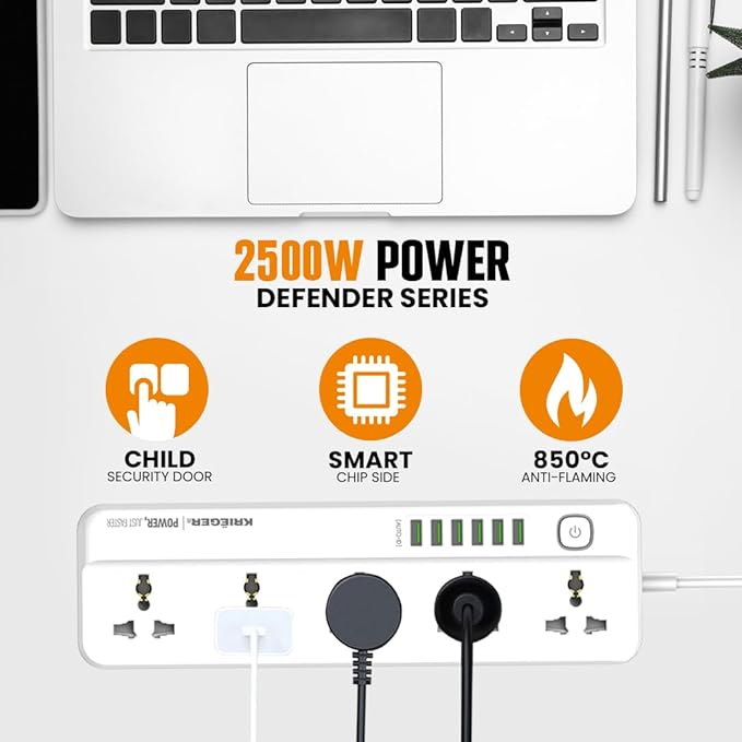 K KRIËGER Universal Power Strip Surge Protector, 5 Outlets, 6 USB Ports, Child Saftey Latch, On/Off Power Button, 2M Extension Cord, Flat Plug for Charging Home, Office & Travel Accessories -Type E/F