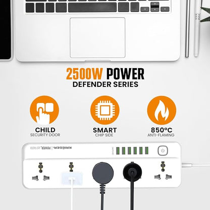 K KRIËGER Universal Power Strip Surge Protector, 5 Outlets, 6 USB Ports, Child Saftey Latch, On/Off Power Button, 2M Extension Cord, Flat Plug for Charging Home, Office & Travel Accessories -Type E/F