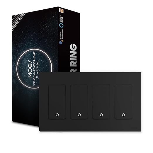 MOES 2nd Generation WiFi Smart Light Switch, Wall Switch 2.4GHz, Neutral Wire Required, Smart Life APP Remote Control, Compatible with Alexa, No Hub Required, Black 4 Gang
