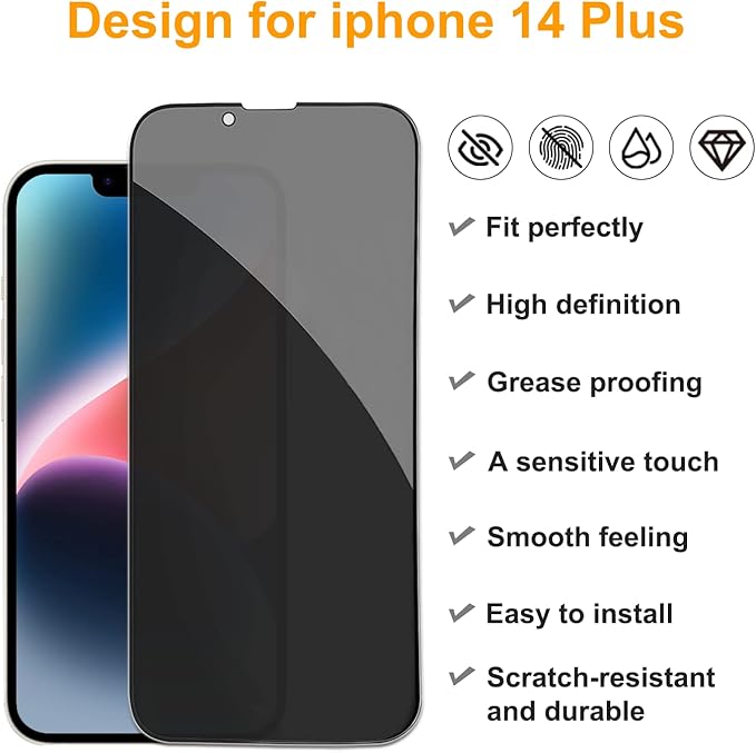 PEHAEL 2+2 Pack for iPhone 14 Plus Privacy Screen Protector with Camera Lens Protector Full Coverage Anti-Spy Tempered Glass Film 9H Hardness Easy Installation Bubble Free [6.7 inch]