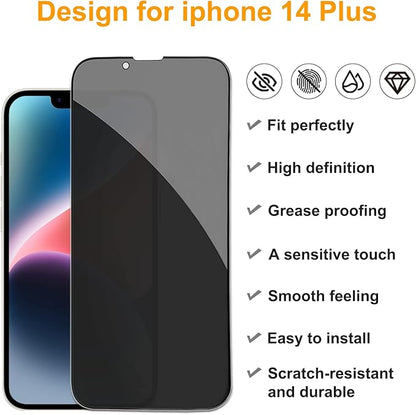 PEHAEL 2+2 Pack for iPhone 14 Plus Privacy Screen Protector with Camera Lens Protector Full Coverage Anti-Spy Tempered Glass Film 9H Hardness Easy Installation Bubble Free [6.7 inch]