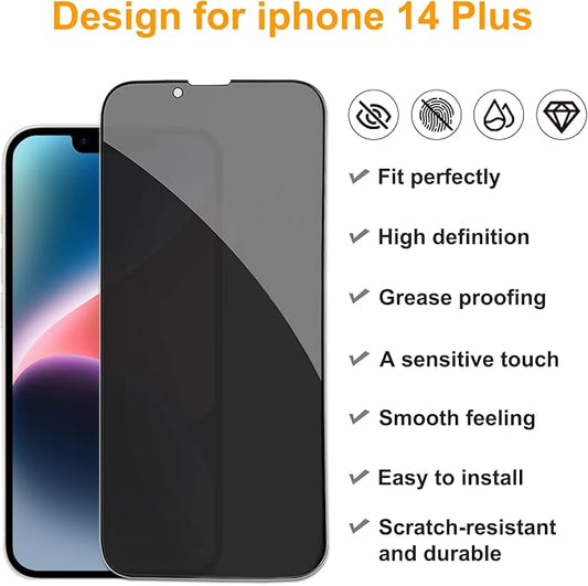 PEHAEL 2+2 Pack for iPhone 14 Plus Privacy Screen Protector with Camera Lens Protector Full Coverage Anti-Spy Tempered Glass Film 9H Hardness Easy Installation Bubble Free [6.7 inch]