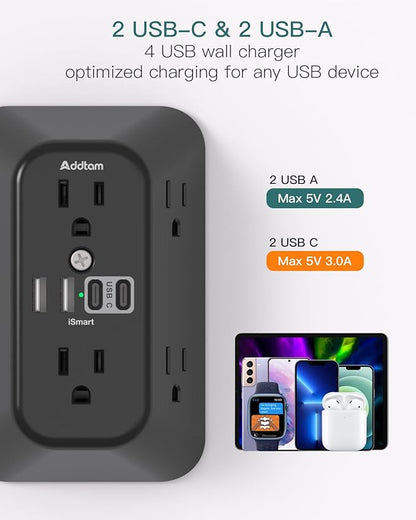 Addtam 6-Outlet Extender Surge Protector, Multi Plug Wall Outlet with 4 USB Wall Charger(2 USB C Ports), Plug Extension Outlet with 1800J, Outlet Splitter Power Strip for Home Office, Black