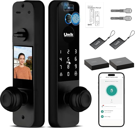 Matter Smart Lock with Camera & Doorbell, 3D Face Recognition Fingerprint WiFi Deadbolt, Keyless Entry Digital Keypad for Apartment, Works with Apple Home, Tuya App Control, Black