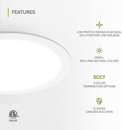 ASD 4 Pack 11/12 Inch LED Recessed Lighting 24W, 5 CCT 2700K-5000K CRI90+, IC Rated Ultra Thin Dimmable Ceiling Lights with J Box, Canless Wafer Downlight, Round Slim Panel Light, UL Listed, White