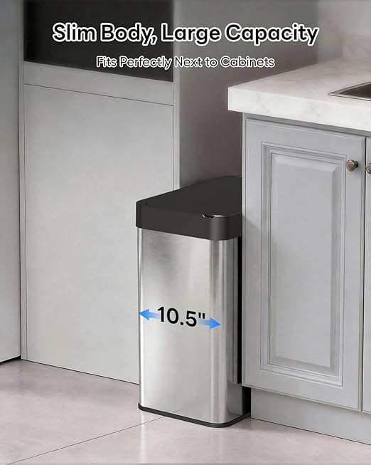 13 Gallon / 50L Touchless Automatic Trash Can, Slim Motion Sensor Kitchen Garbage Can, Stainless Steel, Soft Close Lid, Fingerprint Resistant, Hands-Free, Odor Control, Silver