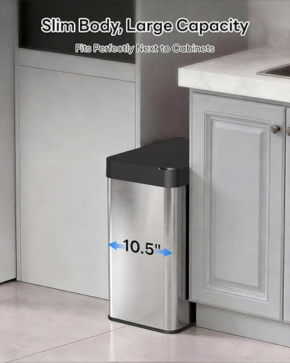13 Gallon / 50L Touchless Automatic Trash Can, Slim Motion Sensor Kitchen Garbage Can, Stainless Steel, Soft Close Lid, Fingerprint Resistant, Hands-Free, Odor Control, Silver