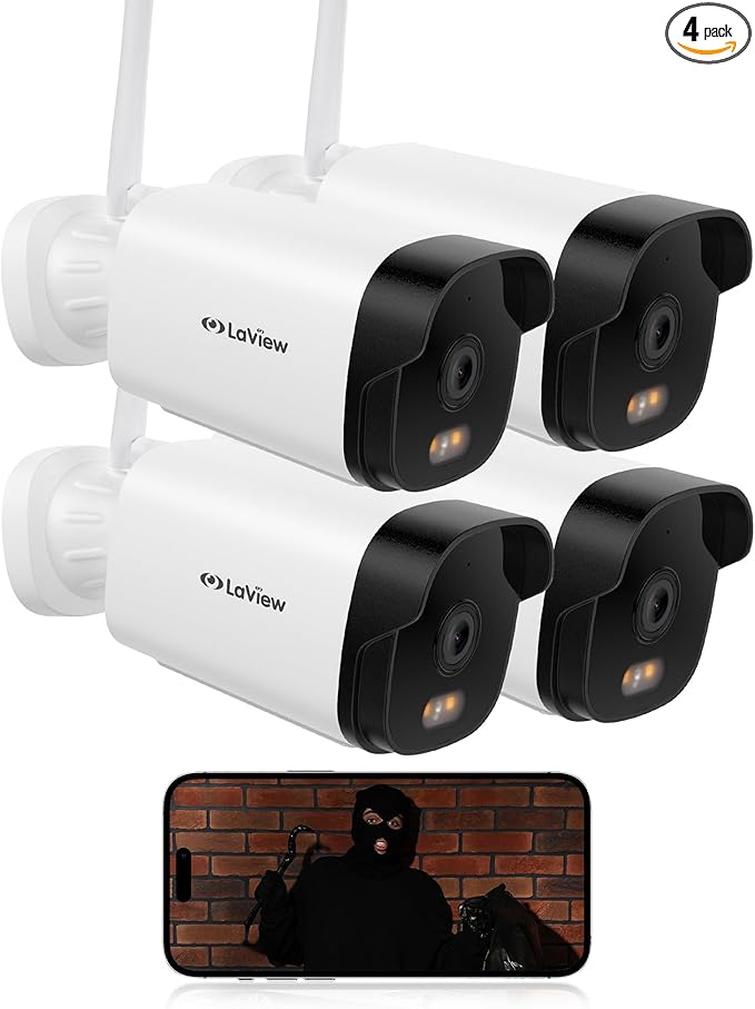 LaView 4K Outdoor Security Cameras,8MP HD Cameras for Home Security with AI Human Detection,IP65 Waterproof,2-Way Talk,Clear Night Vision,2.4G WiFi,SD Card Slot&US Cloud Storage,Work with Alexa(4pcs)