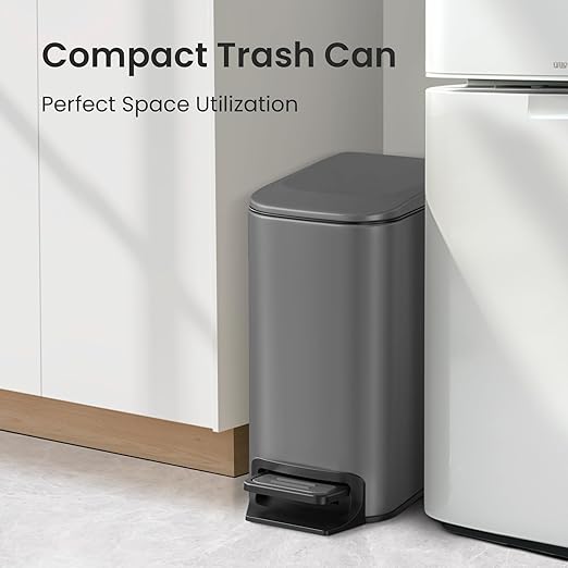 Cesun Small Bathroom Trash Can with Lid Soft Close, Step Pedal, 6 Liter / 1.6 Gallon Stainless Steel Garbage Can with Removable Inner Bucket, Anti-Fingerprint Finish (Gray)