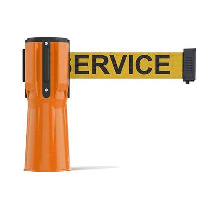 Trafford Industrial 11-Ft Cone-Mount Retractable Belt Barrier, Orange Case | Yellow 2-inch Herringbone Webbing with "OUT OF SERVICE" Black Letters, Braking Retraction Control and 4-way Receiver.