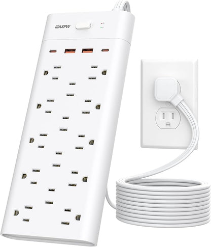 Power Strip, Surge Protector with 14 Outlets and 4 USB Ports (2 USB C), 10 Ft Flat Plug Extension Cord, 1700 Joules, Wall Mount for Home, Office, Dorm, White