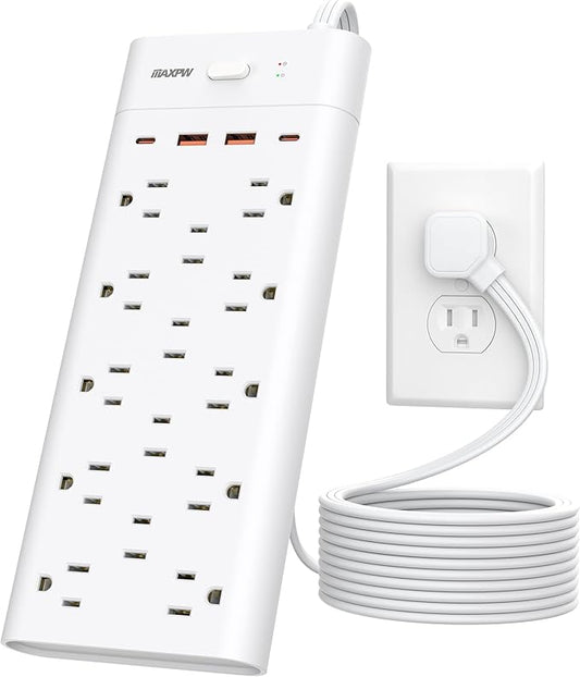 Power Strip, Surge Protector with 14 Outlets and 4 USB Ports (2 USB C), 10 Ft Flat Plug Extension Cord, 1700 Joules, Wall Mount for Home, Office, Dorm, White