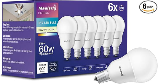 Maelsrlg E17 Intermediate Base LED Bulb, 6W (60 Watt Equivalent) G14 Globe Ceiling Fan Light Bulbs, Cool White 4000K, 600 Lumens, Non-Dimmable, Pack of 6