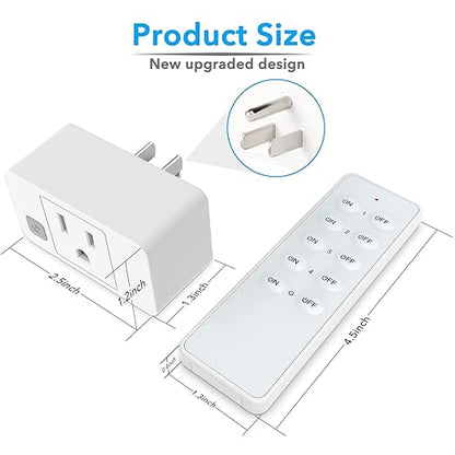 Wireless Remote Control Outlet Switch, Remote Plug Sockets 230ft RF Range, Remote Light Switch Kit for Household Appliances, 5 Outlets + 2 Remotes, 1800W, White