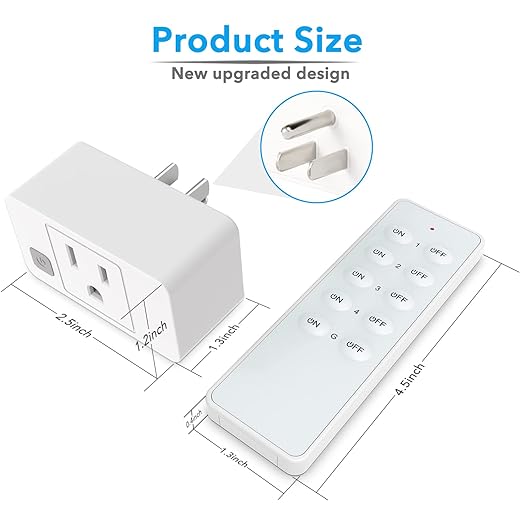 Wireless Remote Control Outlet Switch, Remote Plug Sockets 230ft RF Range, Remote Light Switch Kit for Household Appliances, 5 Outlets + 2 Remotes, 1800W, White