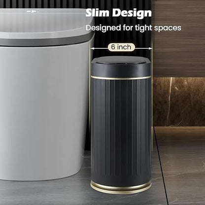 SYNCVIBE Bathroom Sensor Trash Can with Lid Automatic 2 Gallon Small Sensor Garbage Bin, 7.5 Liter Motion Sensor Smart Rubbish Bin Bathroom Decor, Slim Waterproof Plastic Garbage Can, Black Gold
