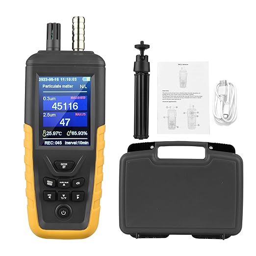 Dust Particle Counter High Sensitivity 3-Channel PM0.3/2.5/10 um Air Quality Monitor 0~1000μg/m³ USB Rechargeable Data Transfer/Temperature and Humidity Monitor