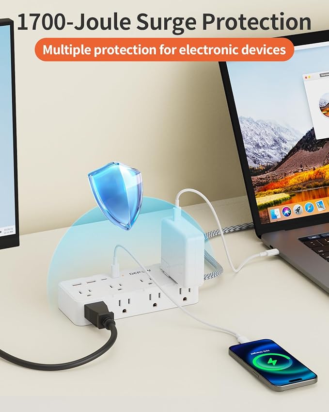 DEPOW Power Strips with Surge Protection, 10 FT Braided Extension Cord with Multiple Outlets-8 AC Outlets 4 USB Ports (2 USB C), 1700 Joule Surge Protector with Flag Plug for Home Office, White