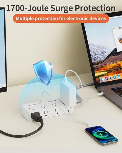 DEPOW Power Strips with Surge Protection, 10 FT Braided Extension Cord with Multiple Outlets-8 AC Outlets 4 USB Ports (2 USB C), 1700 Joule Surge Protector with Flag Plug for Home Office, White