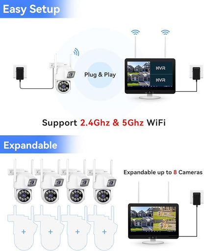 Security Camera System Wireless Outdoor with 12" Monitor, 4pcs 2K Dual Lens Cameras for Home & Business Surveillance, 360° PTZ, 2.4G/5G WiFi, Human Detection, Auto Tracking, 16CH NVR, 500G HDD