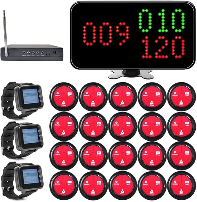 Wireless Waiter Call System with 1 Number Display Screen/3 Watch Pager/20 Waterproof Table Call Button/1 Signal Booster for Restaurant Café Bar Hotel 500+ Feet (Vibration + Buzzer + LED)