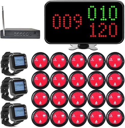Wireless Waiter Call System with 1 Number Display Screen/3 Watch Pager/20 Waterproof Table Call Button/1 Signal Booster for Restaurant Café Bar Hotel 500+ Feet (Vibration + Buzzer + LED)