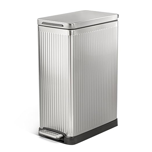 Home Zone Living 12 Gallon Slim Step Trash Can with Soft-Close Lid, Reeded Stainless Steel, Silver