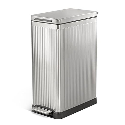 Home Zone Living 12 Gallon Slim Step Trash Can with Soft-Close Lid, Reeded Stainless Steel, Silver