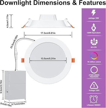 SikSog Smart Recessed Lighting 6 Inch RGBCW Color Changing 16W LED Downlight with Junction Box,1350 Lumen Recessed Ceiling Light Compatible with Alexa,Dimmable by Bluetooth Control -6Pack