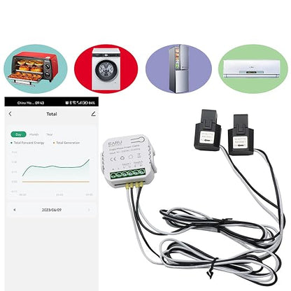 AC110V 220V 80A Tuya App Smart Two-Way Bilateral WiFi Energy Meter with 2PCS 80A CT Current Transformers Clamps Sensors KWh Power Eenrgy Electricity Consumption Monitor Meter Voltmeter Ammeter