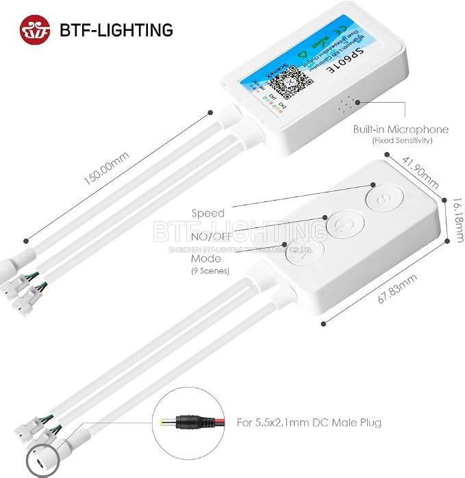BTF-LIGHTING WS2812B WS2811 1903 Built-in Mic Music SP601E Bluetooth Controller with Dual Signal Output Ports for LED Module Pixel Strip Light Andriod iOS APP /3 Keys Button/RF Remote Control