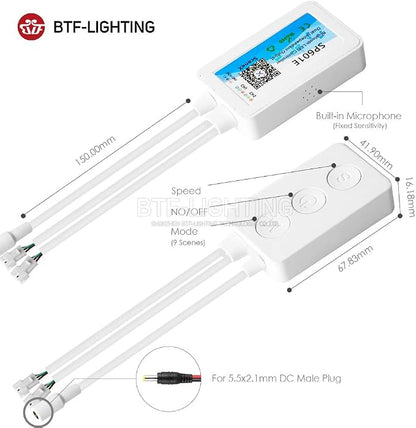 BTF-LIGHTING WS2812B WS2811 1903 Built-in Mic Music SP601E Bluetooth Controller with Dual Signal Output Ports for LED Module Pixel Strip Light Andriod iOS APP /3 Keys Button/RF Remote Control