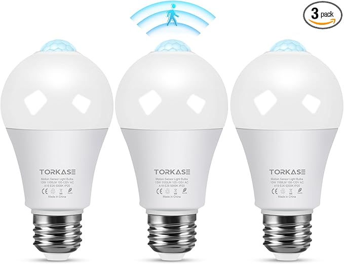 Motion Sensor Light Bulbs 13W (100W Equivalent), 3 Pack A19 E26 Motion Activated Dusk to Dawn LED Bulb, 5000K Daylight Security Light for Indoor Outdoor, Infrared Detector for Garage Porch Stairs