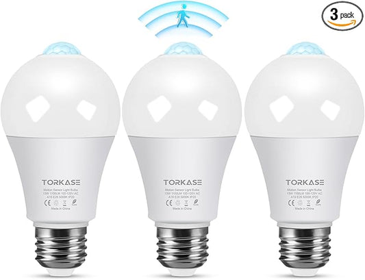 Motion Sensor Light Bulbs 13W (100W Equivalent), 3 Pack A19 E26 Motion Activated Dusk to Dawn LED Bulb, 5000K Daylight Security Light for Indoor Outdoor, Infrared Detector for Garage Porch Stairs