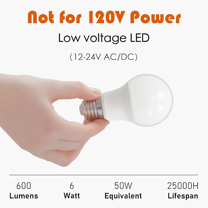 Maelsrlg 12V LED Bulb 6W(50W Equivalent), Daylight 5000K, 12V-24V AC/DC, 600 Lumens, Non-Dimmable, A19 12V DC LED Light Bulbs, E26 Base, Pack of 6