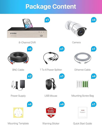 ZOSI 3K Lite 8CH Home Security System with 1TB HDD, AI Human/Vehicle Detection, 4pcs 1080P Weatherproof Outdoor Cameras, Night Vision, One Way Audio, H.265+ 8 Channel DVR for 24/7 Recording